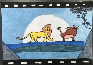 Kadr z filmu animowanego: ”Król Lew”. Lew i dzika świnia przechodzące przez kładkę. Praca wykonana mazakami.